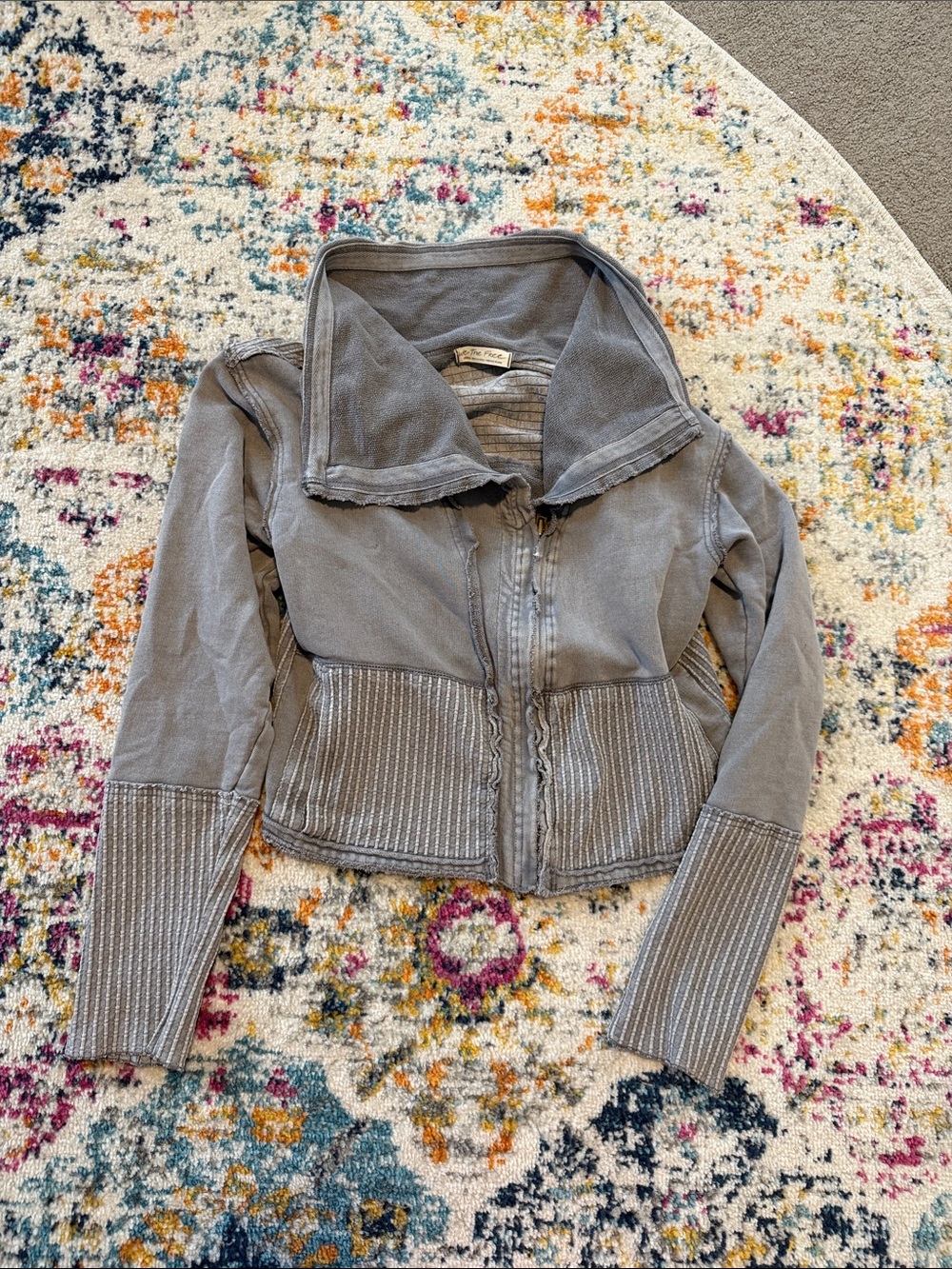 Free People Gray Ribbed Waist Zip-Up Jacket